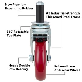 Finnhomy 5 Inch Prep Table Caster Wheels Set of 4 Heavy Duty Expanding Stem Casters with Brake Fit 7/8", 1", 1-1/2" and 1-5/8" Tube Leg for Stainless Steel Furniture Legs, Worktable, Cart, Workbench
