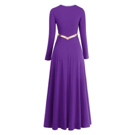 Women Metallic Cross Liturgical Praise Dance Dress Lyrical Dancewear Color Block Full Length Robe Worship Costume Purple + Gold Cross XL