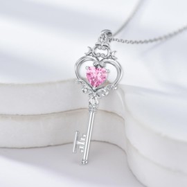 SLIACETE Birthstone Keyring Necklace Key Chain Necklace Gift for Women, Sterling Silver, Cubic Zirconia