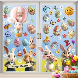 106Pcs Happy Easter Window Clings Double-Sided 3D Bunny Decor Spring Window Stickers Clings 9 Sheets Window Decals for Home Party Store Glass Decoration Easter Decorations
