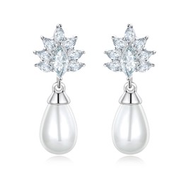 Pearl Wedding Earrings for Brides Bridesmaid, Pearl Drop Earrings with Cubic Zirconia, Oval Pearl Earrings for Women Jewelry Gift