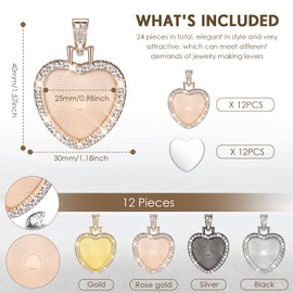 24 Piece Rhinestone Bezel Pendant Tray Set, Include 12 Piece Heart Shaped Pendant Tray Colorful Blank Pendant Charm with 12 Piece Clear Cabochon for DIY Jewelry Craft (Gold, Silver, Rose Gold, Black)
