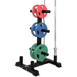SereneLife 6-Pegs Olympic Weight Plate Rack & 4 Barbells - 800 Pounds Capacity, Heavy Duty Gym Organizer, Scratch Resistant Frame, Powder-Coat Finish, Easy to Assemble, Compact & Space-Saving