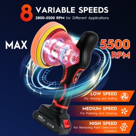 Cordless Car Buffer Polisher Kit with 2x2000mAh 21V Batteries, 6 Inch Car Polisher with 8 Variable Speed 2800-5500RPM & 18 PCS Attachments, Orbital Polisher for Car Detailing, Sanding,Scratch Removing