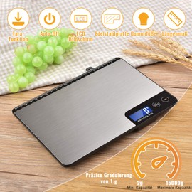15 kg Digital Kitchen Scales Large Weighing Surface, Diyife Professional Digital Electronic Scale, Household Scales Made of Stainless Steel, LCD Display, Hangable, 6 Units, Tare Function, with