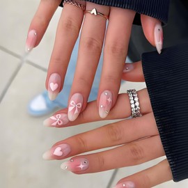 Love Butterfly French Tip False Nails with Pearl Bow, Acrylic Press on Nails, 12 Sizes for Women, Easy to Apply in 15 Minutes for Daily Use and Special Occasions