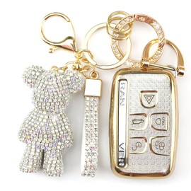 Rayslesan Cute Key Fob Cover with Rhinestone Bear Charm, Bling TPU Smart Key Case for Women, Compatible with Land Rover LR2 LR4 Range Rover Discovery Jaguar XJ XF XK (5-Button, Gold White)