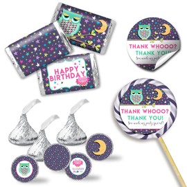 Night Owl Slumber Birthday Party Sticker Bundle Kit 429 pieces!!! Includes 60 2 Circle Stickers for Favors & Goodie Bags, 45 Mini Candy Bar Wrappers, & 324 Round Candy Kiss Stickers by Amanda