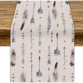 Boho Tribe Table Runner, Bohemian Aztec Tomahawk Ethnic Native Arrows Feathers Print Table Runner for Home Kitchen Dining Decor Indoor Outdoor Party, 13x36inch