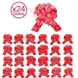 24 PCS of Eye-Catching Xmas Pull Bows for Easy Gift Wrapping with Ribbon - 5" Wide Wrap Bows for Christmas Tree Decoration, Holiday Décor, Present Wrapping, Baskets, Birthday, Easter - Snowflakes