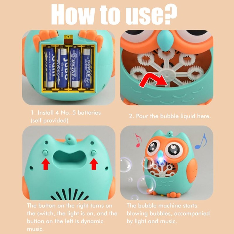 Bubble Machine for Kids Cartoon Owl 8 Holes Automatic Bubble