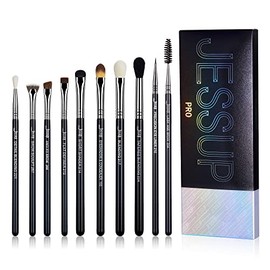 Jessup Juego de 10 brochas de maquillaje con bolsa cosmética, de primera calidad, sintética para sombra de ojos, corrector de cejas, delineador de... 