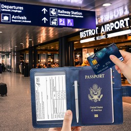 RSAquar Passport Holder for Women and Men, Premium PU Leather Travel Passport Wallet RFID Blocking Passport Cover Travel Documents Organizer with Pen Holder, Blue#2