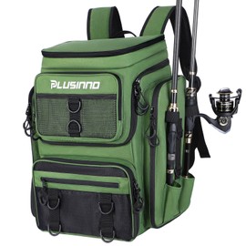 PLUSINNO Fishing Backpack with Rod Holders, 42L Large Water-resistant Tackle Bag for Fishing, Camping, Hiking, Gifts - Green