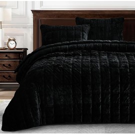 Chezmoi Collection Piers Black Velvet Quilt Oversized King Set, 3-Piece Lush Plush Distressed Velvet Bedding All Season Lightweight Comforter - Brushed Microfiber Reverse with Double Square Stitch