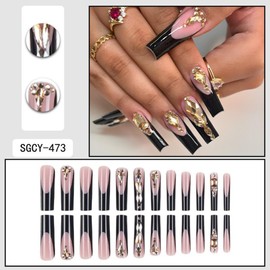 Black French Tips Press on Nails Long Square Fake Nails with 3D Gold Diamond Charm Design Rhinestone Stick on Nails Sparkly False Nails Glossy Skin Tones Glue on Nails for Women Girls Manicure 24Pcs