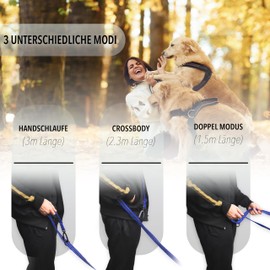 bluzelle Strong Dog Lead 3 m for Large Dogs up to 100 kg, Extra Robust 360° Aluminium Carabiner Hook, Rubberised Double Lead for 2 Dogs, Adjustable Hands-Free Lead for Hanging, Colour: Blue