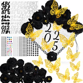 Graduation Cap Decorations Kits Faux Flower 3D Butterfly Rhinestones Glitter Alphabet Letter Sticker Black Flower DIY Graduation Cap Decorations for Grad Cap Topper Graduation Party DIY Crafts
