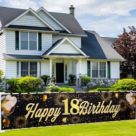 ANOMM Happy 18th Birthday Banner, 18th Black Gold Fabric Happy Birthday Decorations for Boys Girls, Birthday Party Photo Backdrop Banner, Outdoor Garden Wall Table Decor, 210 * 40cm