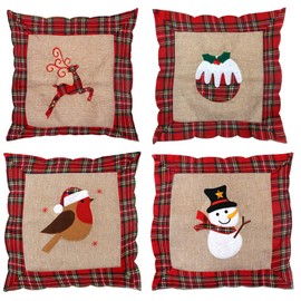 SHATCHI Set Of 4Pcs Pillow Cases Reindeer Snowman Robin Christmas Pudding Printed Pattern Cushion Covers Burlap Hessian Cotton Linen Sofa Bed Throw Cushions Couch Xmas Home Decorations