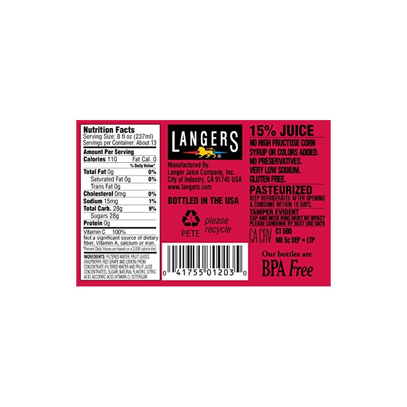 Langers Juice, Raspberry Lemonade, 101.4 Fl Oz (Pack of 4)