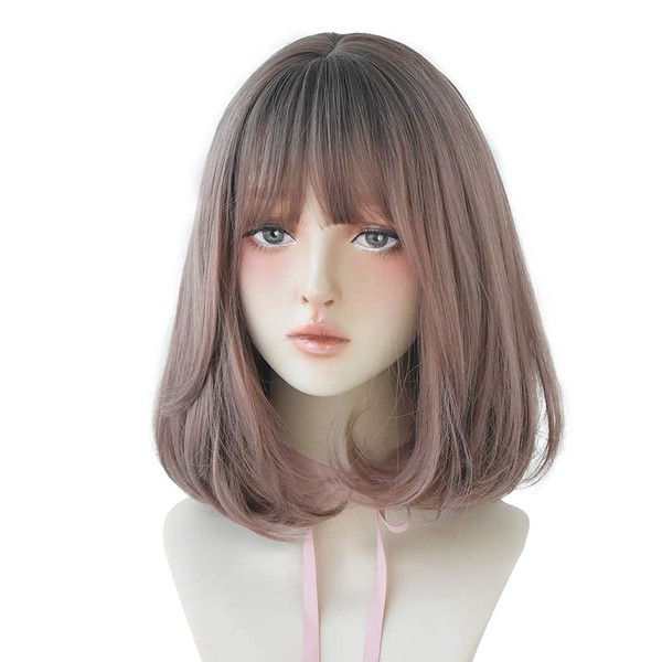AIKO PRO Korean Fashion 14 Inch Straight Short Wig for Women, Natural Shoulder-Length Straight Synthetic Short Lolita Wigs with Bangs For Cosplay and Daily Wear D-3106 Pink Brown