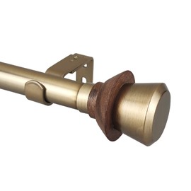 SKYPLUS LIVING Mid-Century Modern Style Single Curtain Rod Set with Round Wood Look Finial,72-144 inch, Standard Single Antique Brass Drapery Rod for 1 Pack, 1 inch diameter, Adjustable Length