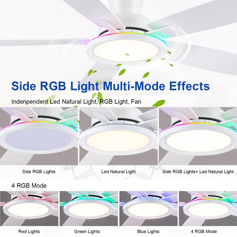 BYKISTOK Flush Mount RGB Ceiling Fan with RGB Light -