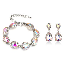 EVER FAITH Wedding Jewelry Sets Crystal Rhinestone Prom Bridal Teardrop Earrings Bracelet Set Iridescent AB Silver-Tone