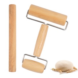2 Stk Buchenholz Nudelholz, Doppelkopf Teigroller Holz, Teigrolle mit Zwei Rollen, Rolling Pin für Nudelteig Kekse Pizza Kuchen Fondant, 2 Stile