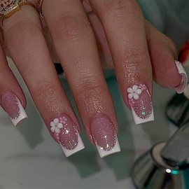 Glossy Shiny Press on Nails Cute Fake Nails French Glue on Nails Medium Coffin False Nails 3D Flower Stick on Nails Full Cover Artificial Acrylic Nails Reusable Nails Kit for Women Girls 24Pcs