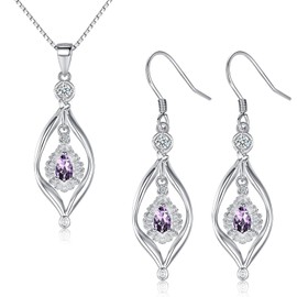 Bewenda Silver Women's Jewellery Sets, 925 Sterling Silver Twist Pendant Necklace & Hook Earrings Set, Allergy Free Jewellery Set with Purple Zirconia, Birthday Party Jewellery Gift for Women Girls