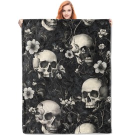 VANZEV Skull and Floral Pattern Blanket Gifts for Women, Gothic Floral Flannel Blanket, Soft Warm Lightweight Throw Blankets for Bedding Sofa Couch Home Travel Decor 40" x 50"