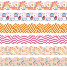 VABAMNA Bulletin Board Borders Groovy Classroom Decorations, 84ft Retro Bulletin Board Trims Smiley Face Flower Daisy Plaid Classroom Wall Door Decors for Teacher School Office Supplies