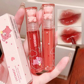 LuckNest 4 Colors Bear Lip Glaze Jelly Lip Gloss, Hydrating Liquid Lipstick Cute Bear Lipgloss Moisturizing Lip Stain Plumping Water Lip Gloss Waterproof Long Lasting Cheek Rouge Tint Makeup