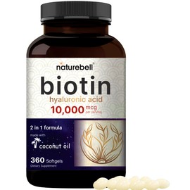 NatureBell Biotin 10000mcg + Hyaluronic Acid 25mg | 360 Coconut Oil Softgels, Premium Biotin Vitamins for Hair Skin and Nails, Highly Purified and Bioavailable, Quick Release