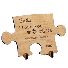 Engraved Love You to Pieces Wood Puzzle Piece, 6 1/4" w x 4" h x 1/4" d, Stand Included