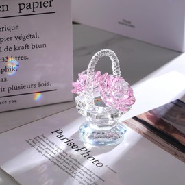 Crystal Pink Rose Flower Basket Collectible Figurines Gifts for Women, Glass Rose Bouquet Floral Keepsake Paperweight Ornaments