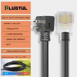 PLUGTUL NEMA 6-20 Extension Cord 50FT, Heavy Duty Extension Cord with Lighted Outlet, 20A/250V, 12Gauge SJTW, ETL Listed, 6-20P to 6-20R (T Blade Female Adapter) - Black