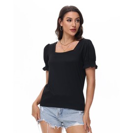 Womens Square Neck T Shirts Ruffle Trim Sleeve Casual Fashion Summer Tops Black