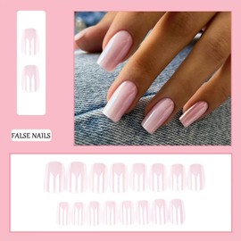 24pcs Transparent Pink Press On Nails - Glossy Clear Aurora Pink False Nails - Acrylic Short Square Fake Nails with Glue - Full Cover Glossy Sitck on nails for Women Nail Art Decoration