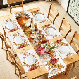ANNA QUEEN Vintage Fall Floral Table Runner and Placemats Set of 6, 13"x72" Runner with 12"x18" Placemats, Rustic Peony and Garden Flowers Thanksgiving Dining Decor