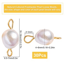 SUNNYCLUE 1 Box 30Pcs Natural Freshwater Pearl Beads Links Connectors Baroque White Pearl Beads with 304 Stainless Steel Eye Pin for Women Necklace Bracelet Earring DIY Jewellery Making
