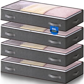 AIOR Pack of 4 90 L Underbed Storage Bags with Viewing Window, Foldable Underbed Storage Bag, Clothes Storage, Blanket Organiser, Storage Container, 100 x 50 x 18 cm