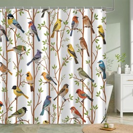 Moonslim Colorful Birds Shower Curtains, Woodland Green Leaves Trees Wildlife Vintage Spring Themed Shower Curtain Set, Fabric Bath Curtain for Bathroom Decor Waterproof Cloth with Hooks 72X72 Inch