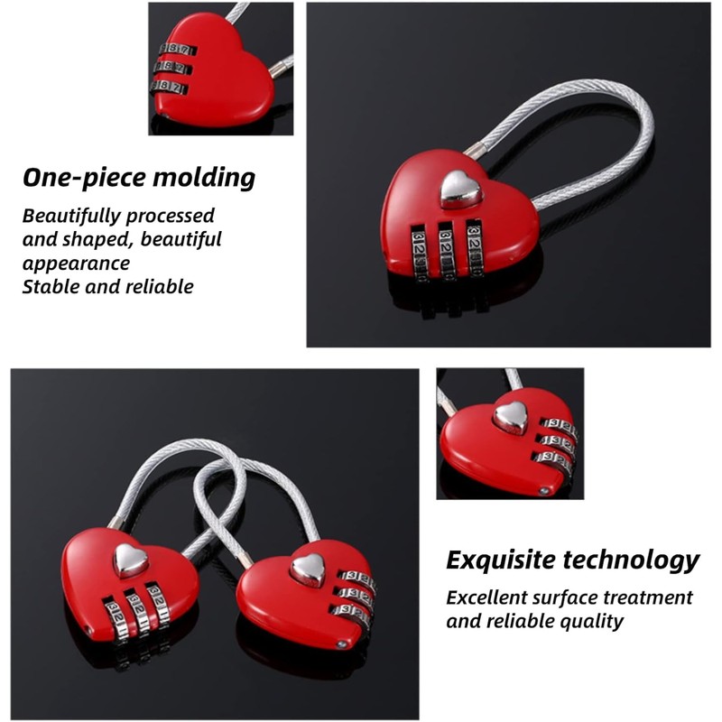 Red Heart Shape Padlock Mini 3 Digit Code Lock with