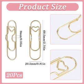 SOFPLATE 1 Box of 20 Paper Clip Holders Made of Metal Golden Pen Clip in Heart Shape Paper Clip Made of Carbon Steel Portable Insert for Pencils for Notebook Diary Scrapbook Accessories Indoor and A