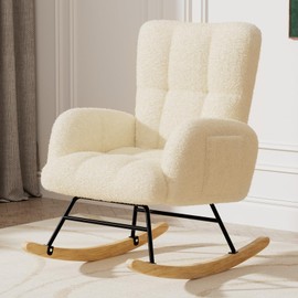 LUCKLIFE Rocking Chair Nursery,Teddy Upholstered Glider Rocker Chair with High Backrest,Reading Chair Modern Rocking Accent Chairs with Side Pockets for Living Room,Bedroom (Without Ottoman, Beige)