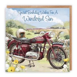 Hunts England - Vintage Motorbike Son Birthday Card - Steam Train Countryside - Classic Motorcycle - Stunning Artistic Adult Son Birthday Card - Milo's Gallery Collection