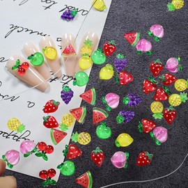100Pcs Cute Fruit Nails Rhinestones Resin Cherry Strawberry Peach Nail Charms 3D Colorful Summer Fruit Nails Diamond Crystal Acrylic Nail Decorations for Women Summer Nail Art Supplies